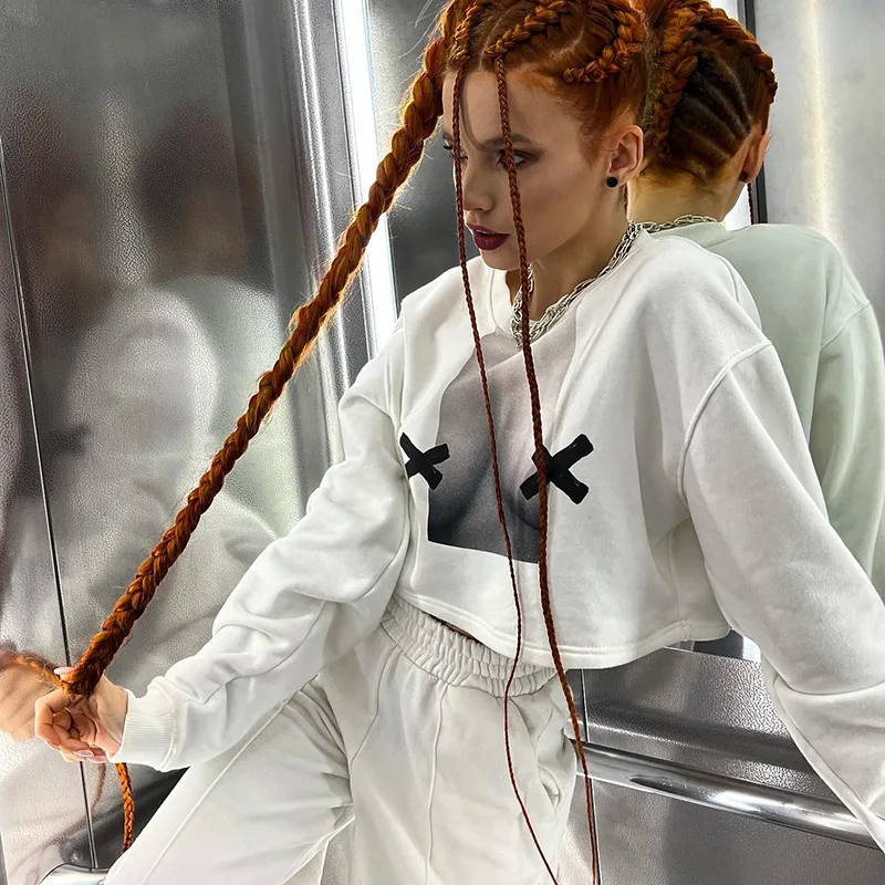 

Кроп-топ женский с длинным рукавом, круглым вырезом и 3D-принтом