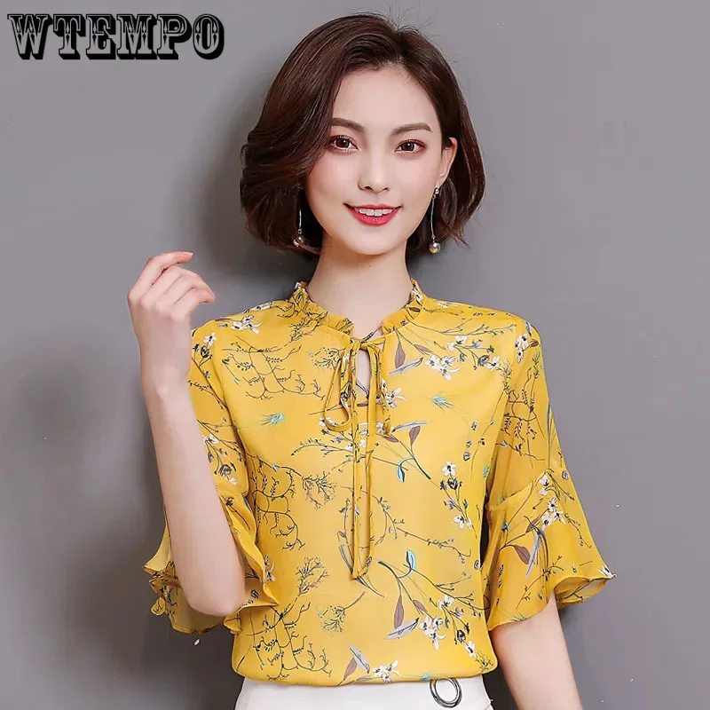 Women Chiffon Shirt  Bow Neck Floral Short Sleeves Tshirts Summer Top Flare Sleeve Chiffon Blouses Flower Printing Shirts