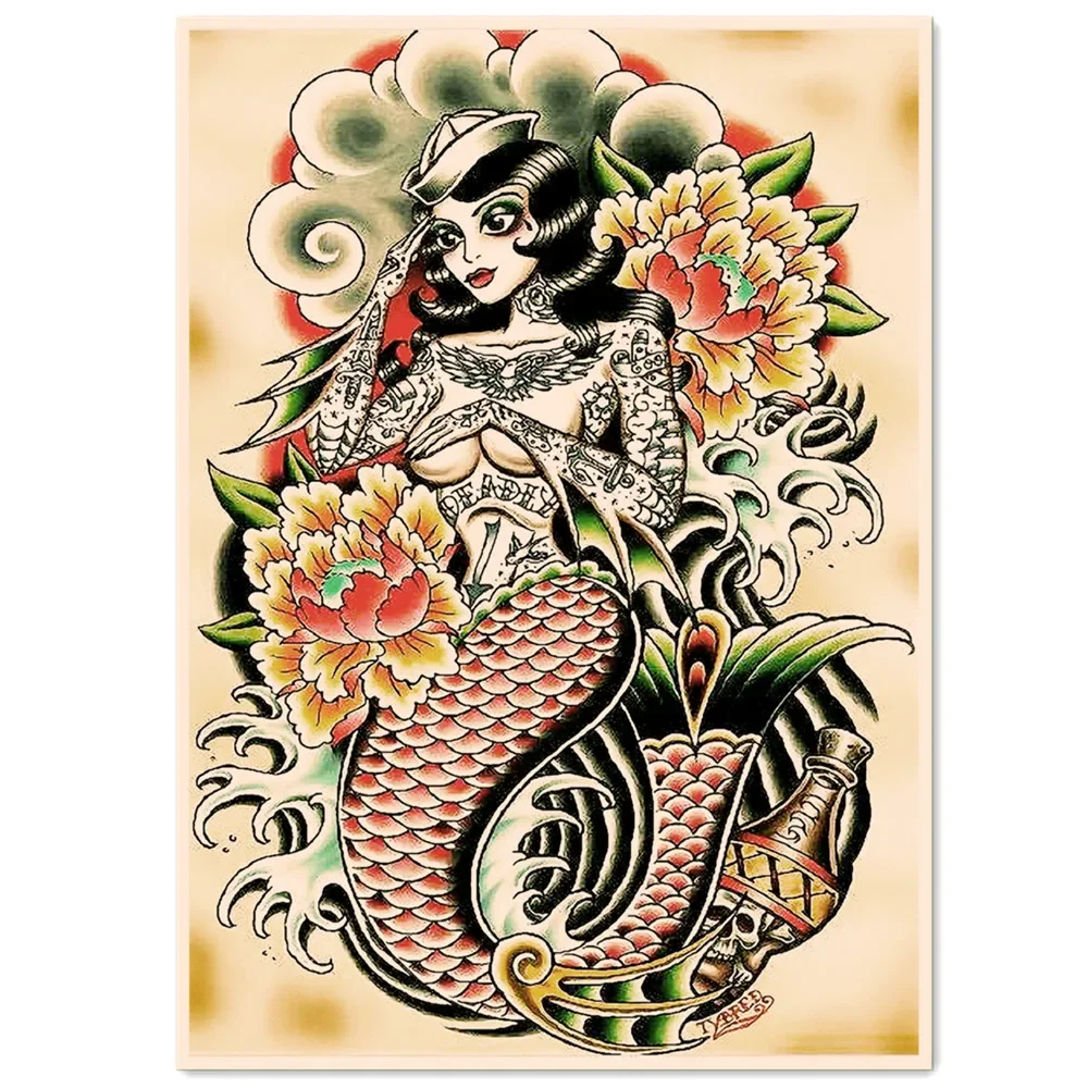 LOSICOE Винтажный постер с татуировкой русалка 30x42 см