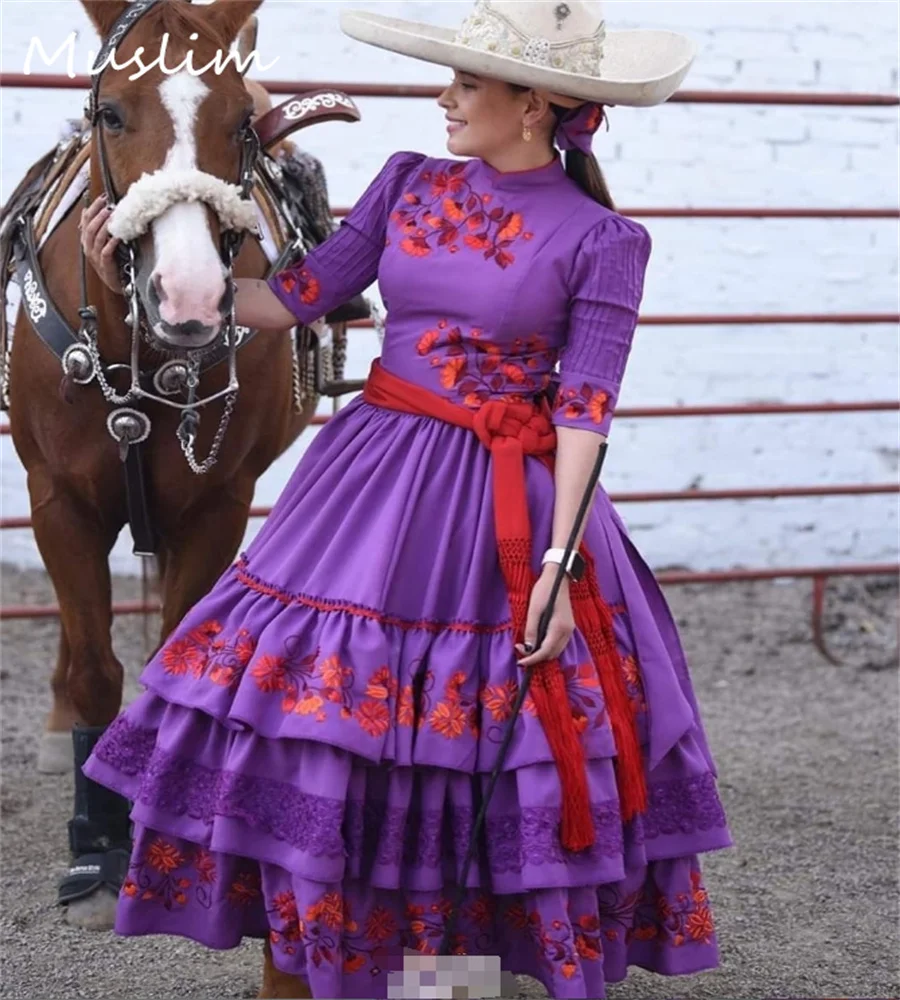 Фото Folklorico Мексиканское фиолетовое платье для выпускного вечера Костюм Цалиско Кружева Эскаррамуза Вечернее платье с вышивкой День рождения Мариячи Вечеринка по индивидуальному заказу №1