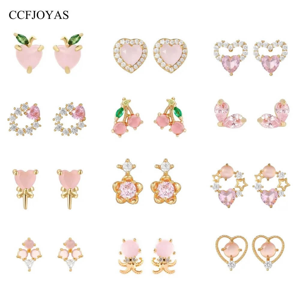 

CCFJOYAS 925 Sterling Silver Romantic Pink Zircon Stud Earrings for Girl Heart Shaped Cute Small Earrings Fine Jewelry Gift
