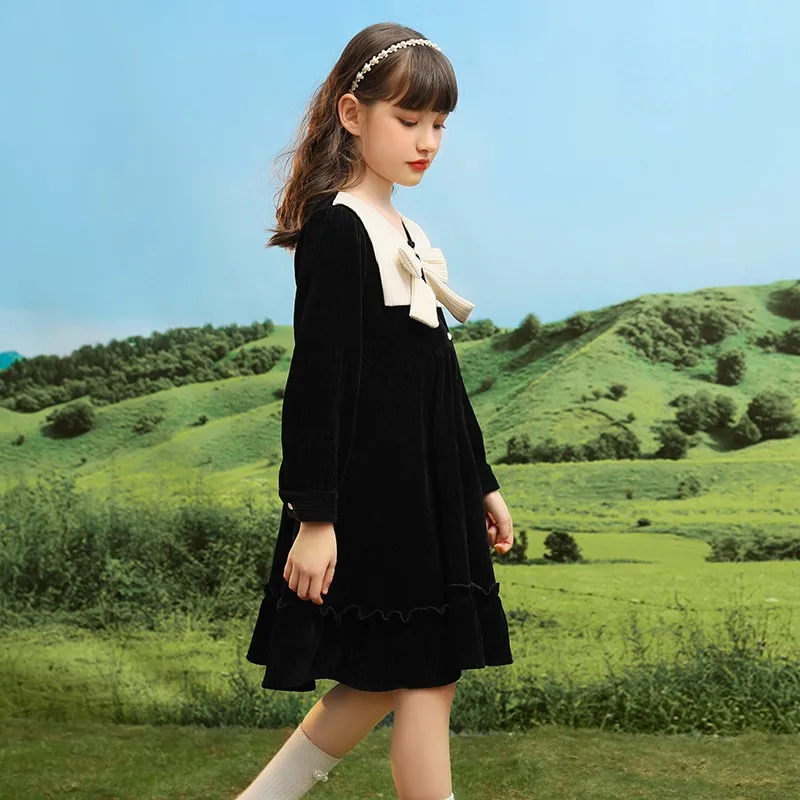 

Teens Girls Party Dress Long Sleeve Ruffle Hem Gown With Bow Children Kids Birthday Wedding Party Clothing 5-14 Years
