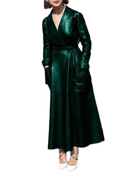 2022 Autumn and Winter New Fashion Casual Women's Coat, Solid Color Extra Long Pu Leather Suit Collar Leather Jacket - with Belt