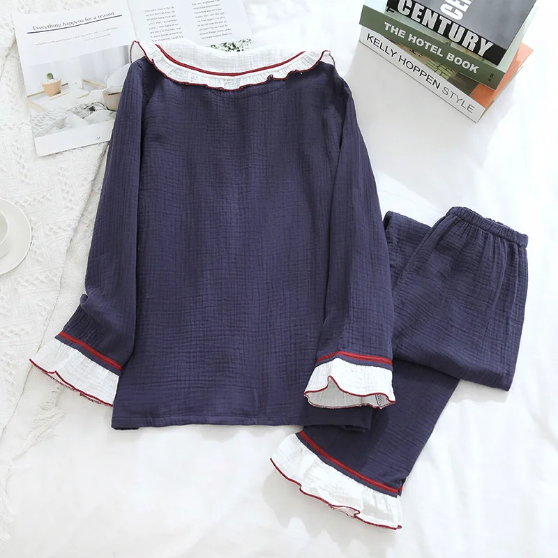 Four Seasons Couple Pajamas Cotton Double Layer Gauze Homewear Simple Men/Women Home Suit Crepe Thin Section Woman Pj Set lounge