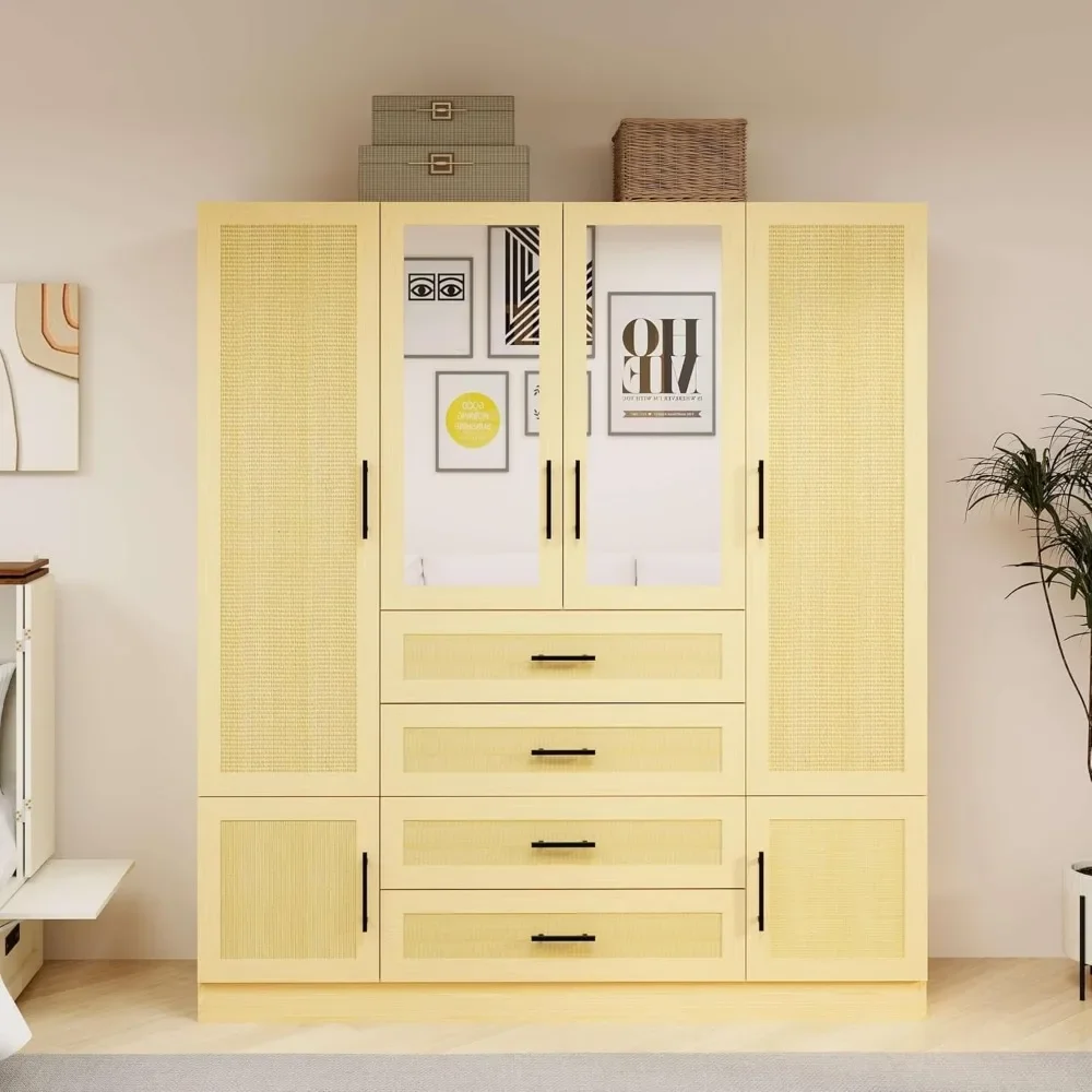 Шкафы и шкафы для спальни из ротанга высотой 71 дюйм 4-дверный шкаф с зеркалом