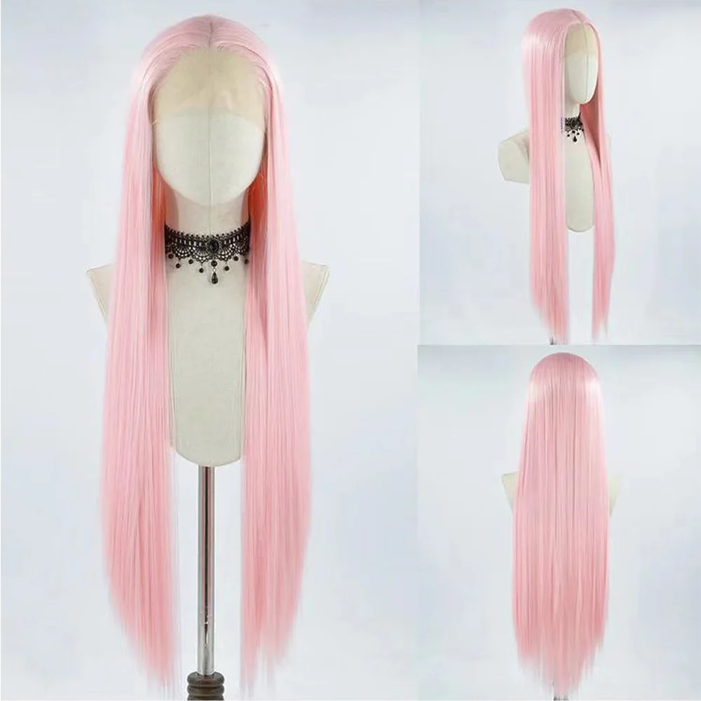 

Синтетический парик розового цвета, прямые, бесклеевые, предварительно выщипанные, на шнуровке спереди для женщин с детскими волосами, терм...