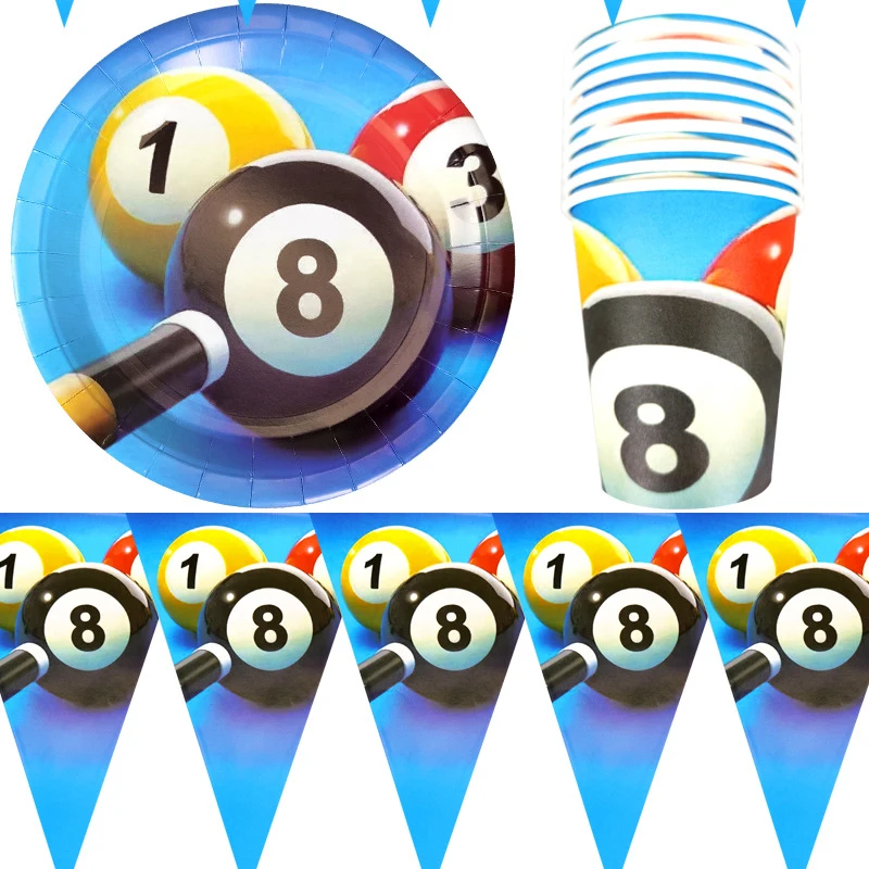 60pcs/lot Billiards Theme Hanging Banner Happy Birthday Party Flags Plates Cups Decoration Events Supplies