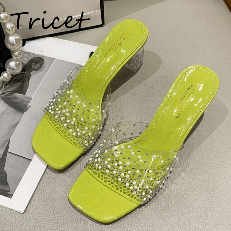 

2022 Fashion Transparent Rhinestone Jelly Slippers Women's Sexy Pumps Shoes Ladies Flat Square Toe Sandals Chunky Heels Slides