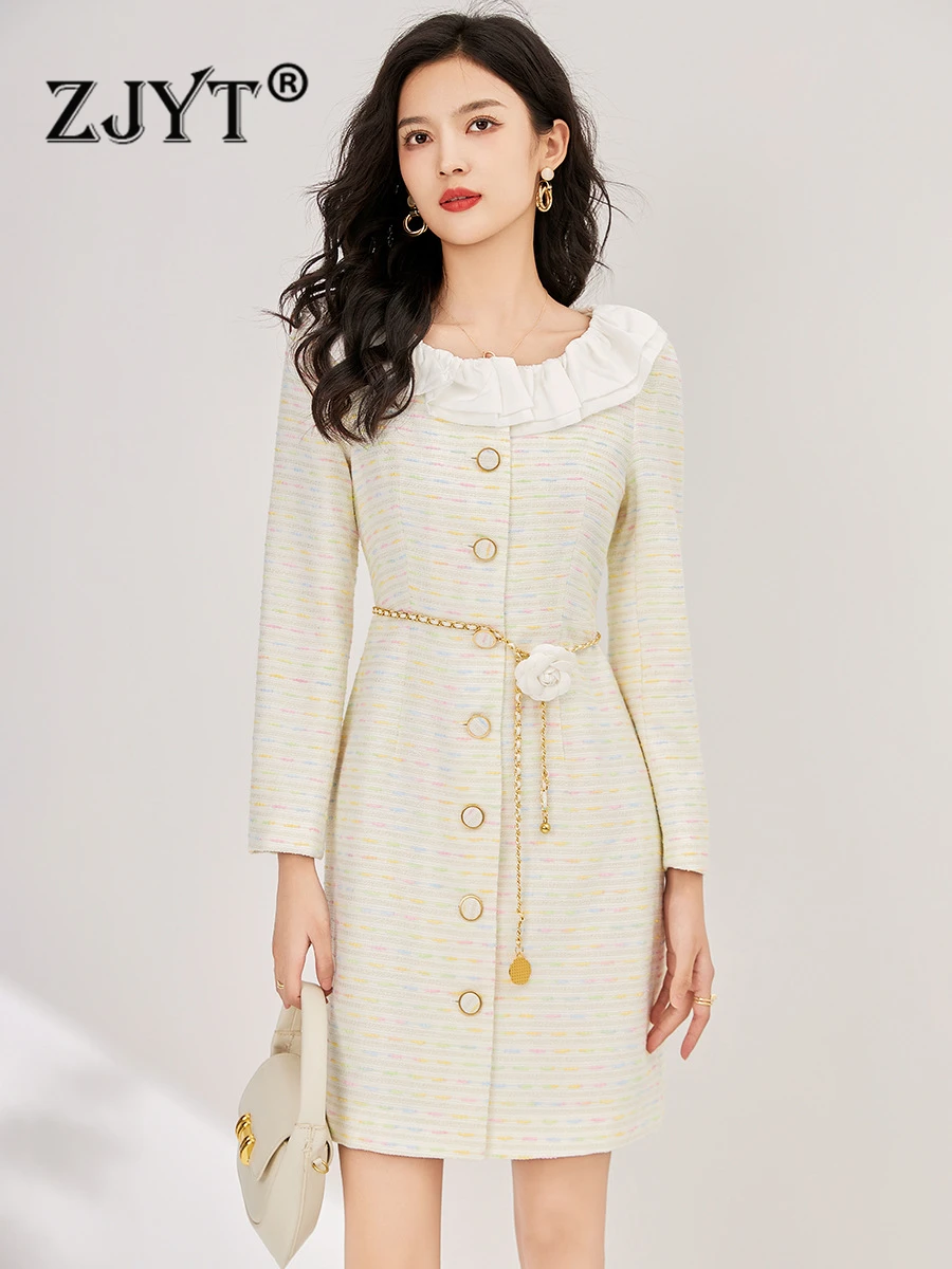 

Элегантное осеннее твидовое шерстяное платье ZJYT для женщин 2023, простые повседневные платья с длинным рукавом, женское белое платье до колен