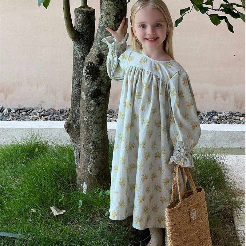 

Children's Clothing 2023 Kids Autumn New Dresses Teenager Girls Puff Sleeves A-Line Baby Dress Floral Print Maxi Long Dress