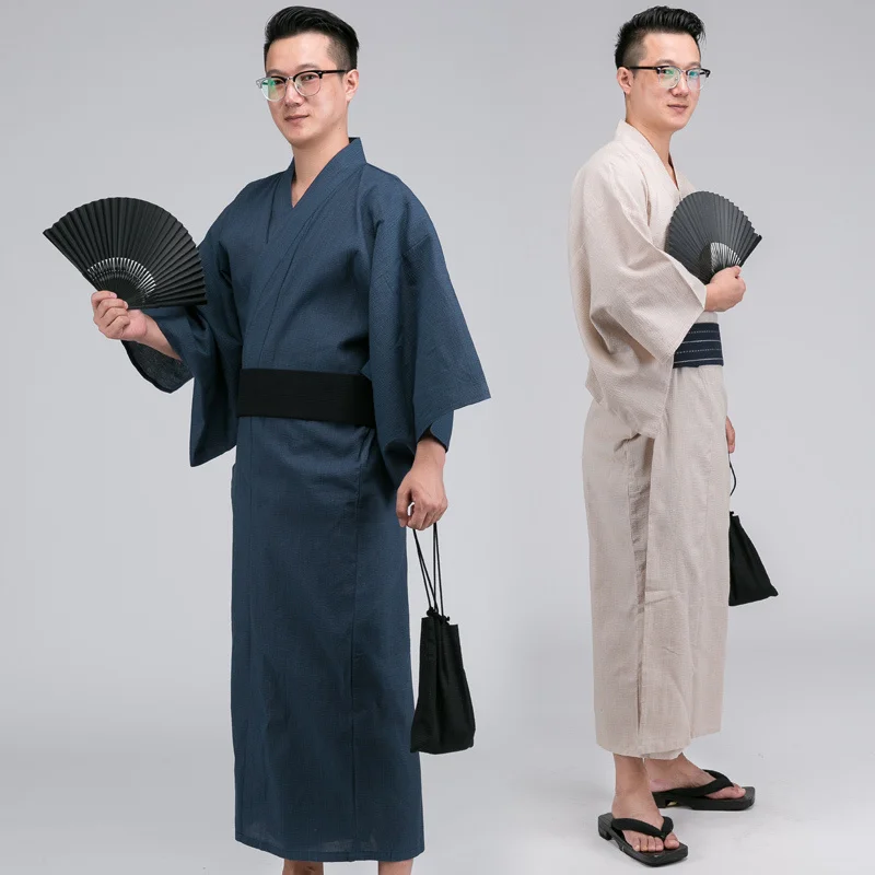 

Male Traditional Japan Kimono Bathrobes Mens Cotton Robe Yukata Men Bath Robe Summer Slpwear with Belt and fan A52601