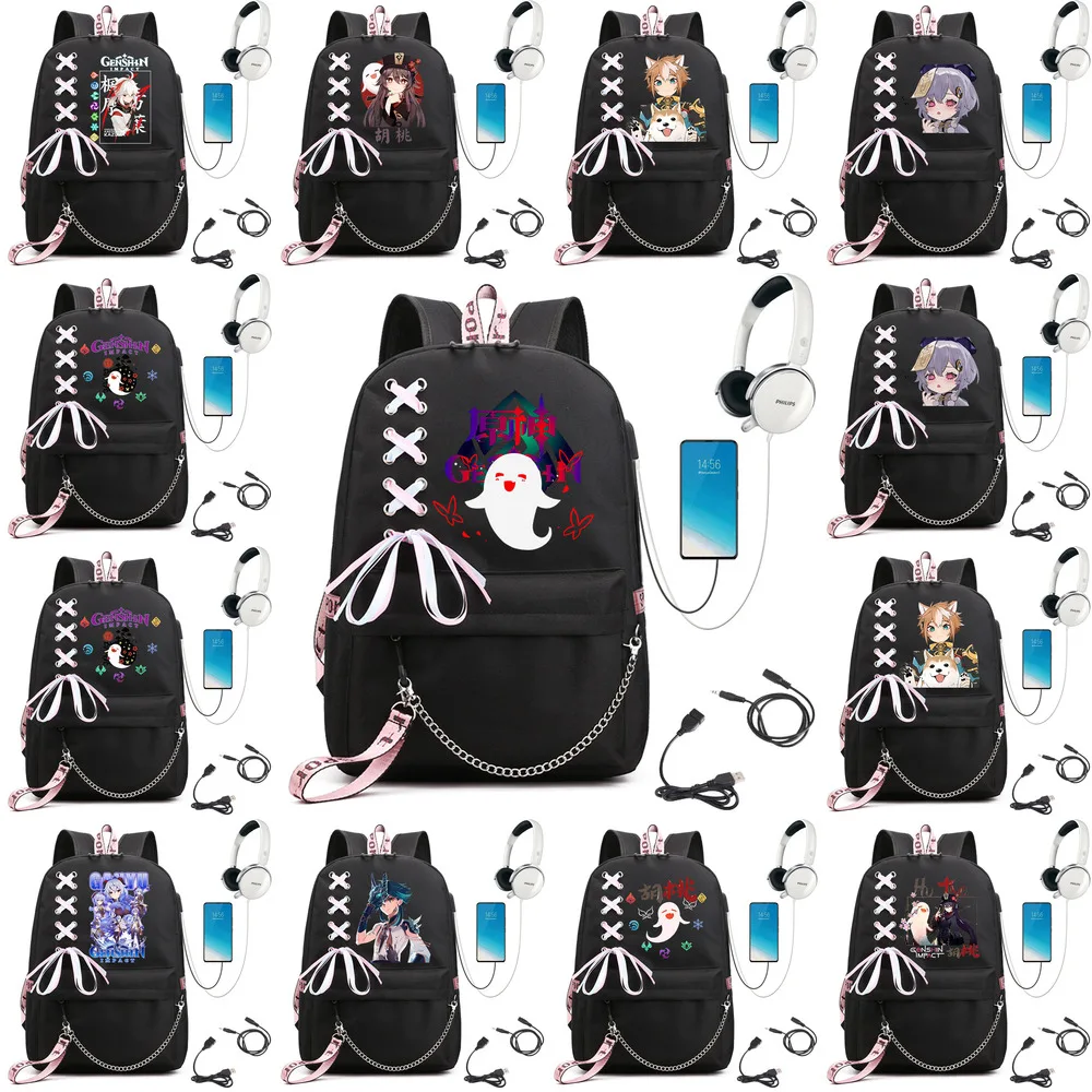 

Game Genshin Impact Hutao Backpacks Students School Book Bag Teens Daily USB Shoulder Travel Bags Anime Mochila