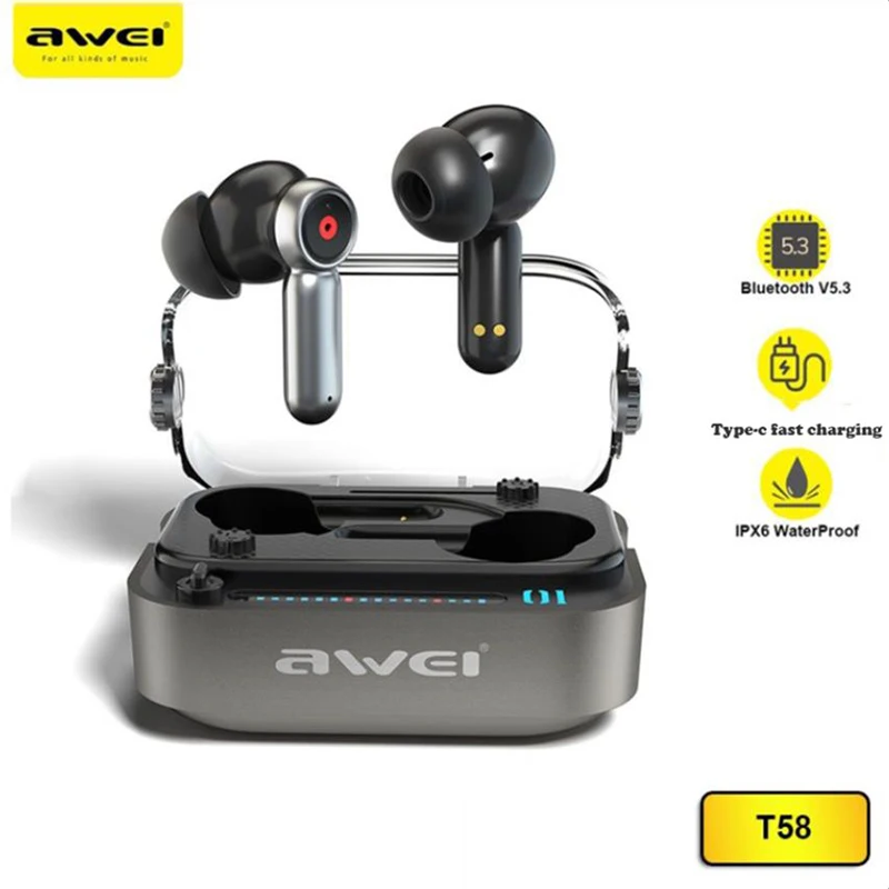 

Awei T58 Wireless Earbuds Bluetooth V5.3 Earphone Bass In-Ear TWS LED Lights Headphones With Mic HiFi Stereo DNS Headset