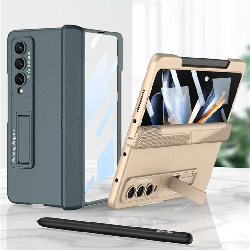 Magnetic Hinge Case for Samsung Galaxy Z Fold 4 5G Cover Side Pen Holder Hard PC Front Film 360 Full Protection Case No Pen