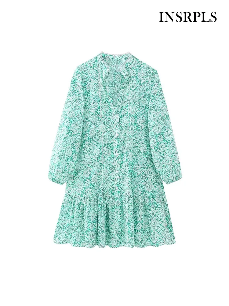 

INSRPLS Women Fashion With Lace Printed Ruffled Mini Dress Vintage Long Sleeve Button-up Female Dresses Vestidos Mujer