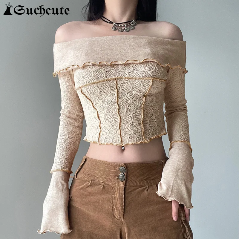 

SUCHCUTE Fairycore Off Shoulder Stitch Y2K Top Women Slash Neck Flare Sleeve Solid Color Cropped Tshirt Fashion Elegant Knitwear