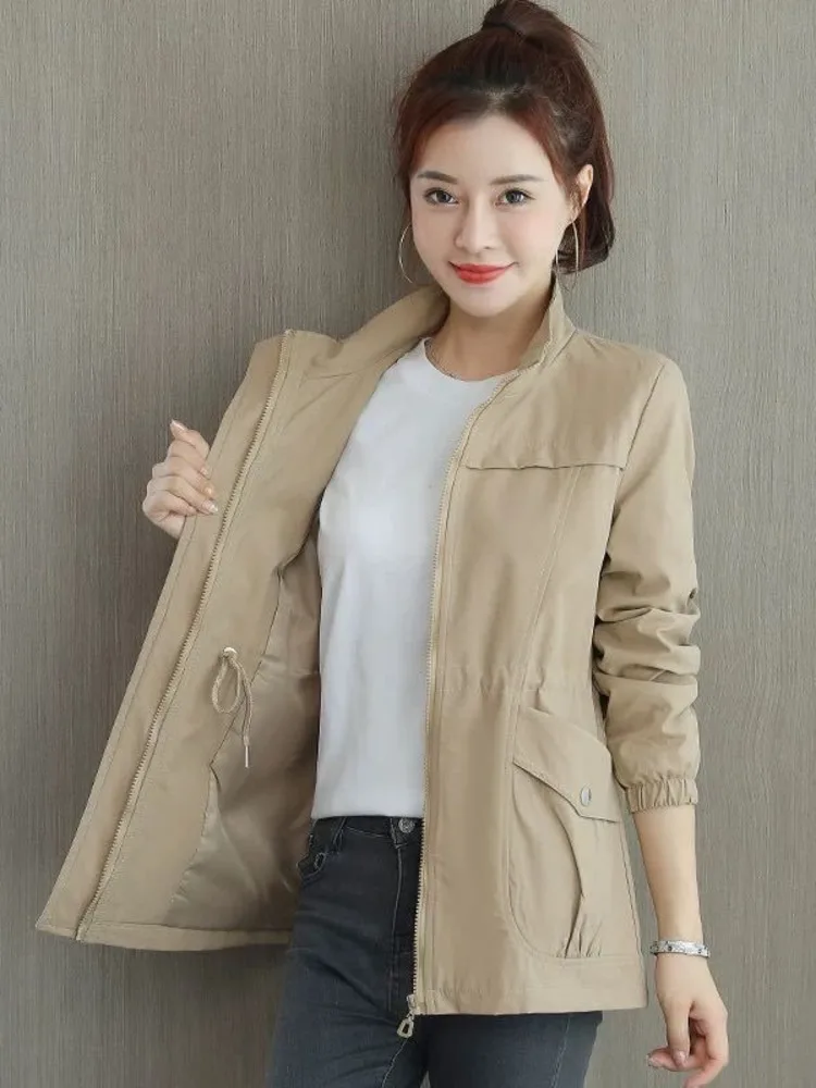 

Double Layer Windbreaker for Women, Long Coat, Stand-up Collar, Lining, Fashion, 4XL, 692, Spring, Autumn, New, 2021