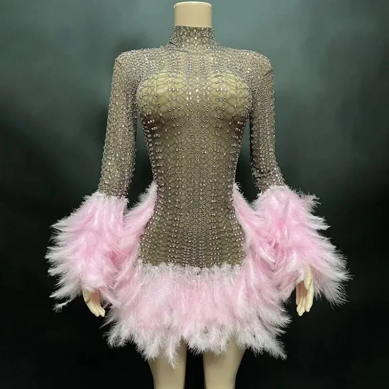 Мигающие стразы розовые перья сексуальное прозрачное мини-платье-футляр