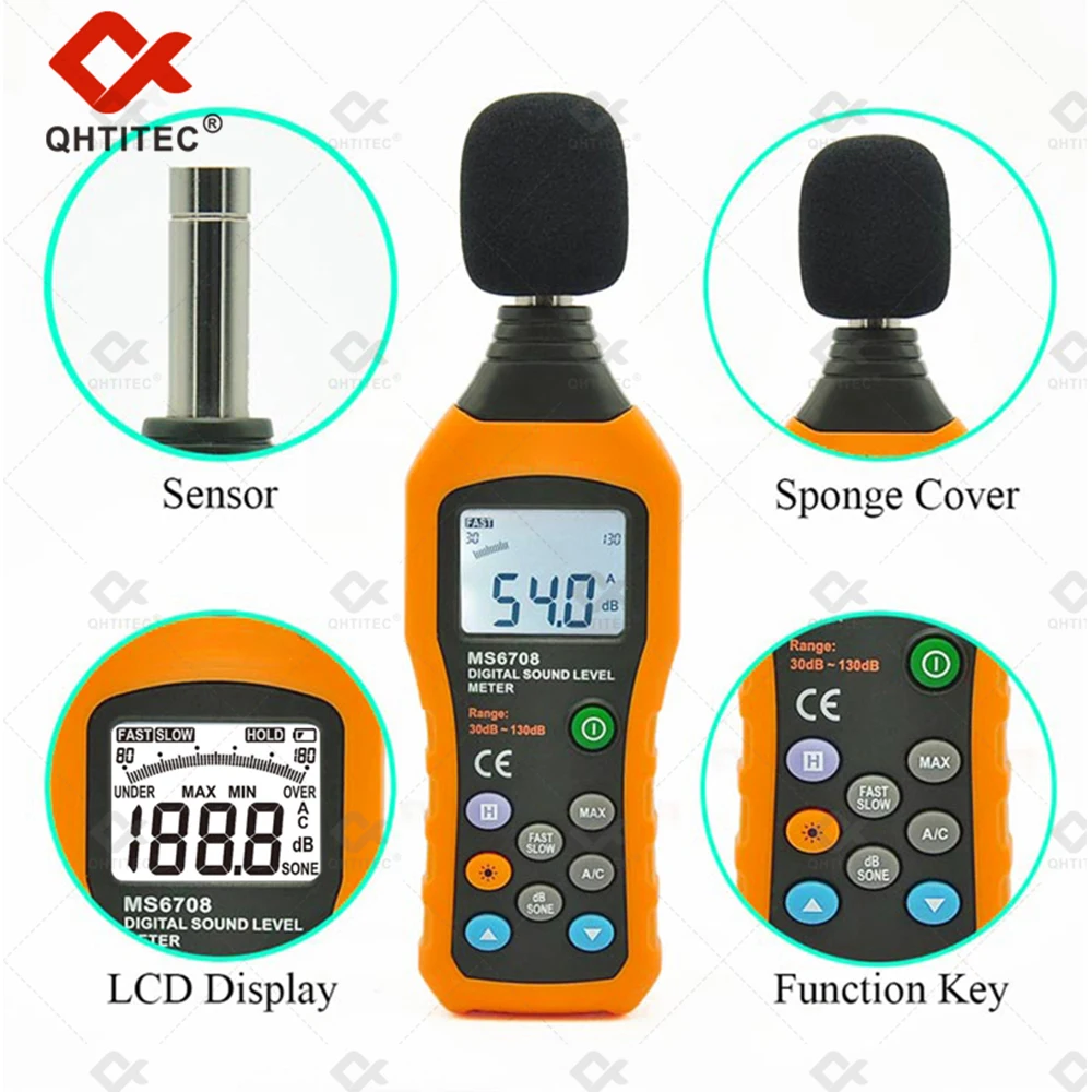 QHTITEC  PM6708 High Digital Sound Level Meter Handheld Lase Indicator Dosimeter Noise Audio Accuracy Data Hold  With  Backlight