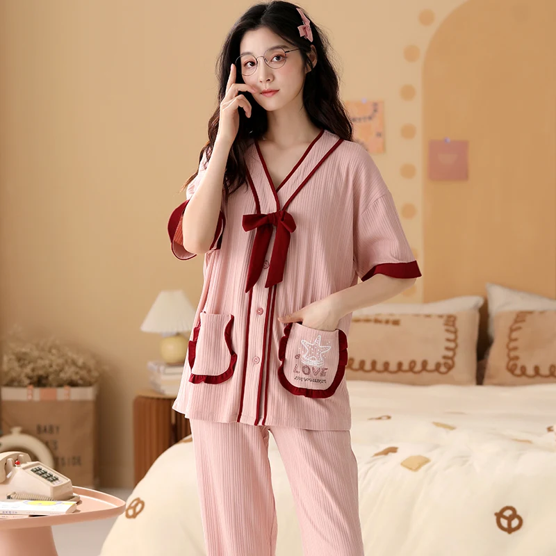 New Summer Autumn Women's Full Cotton Short Sleeve Pajamas Set Loose Leisure Adult Women Sleepwear Set Long Pant Party Pajamas