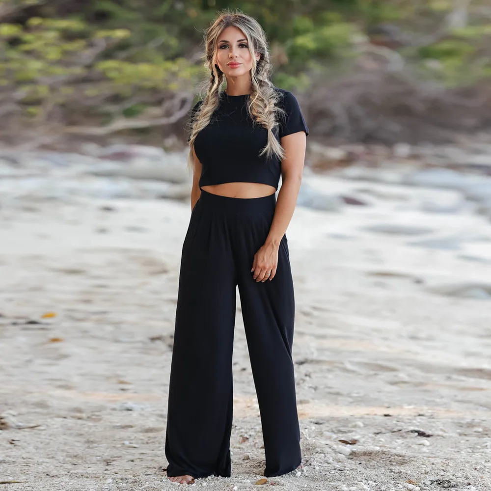 

Fashion Casual Women Suits 2023 Summer Short Sleeve T-shirt + Wide-leg Loose Trouser Two-piece Sets High Waist Pants Elegant Set