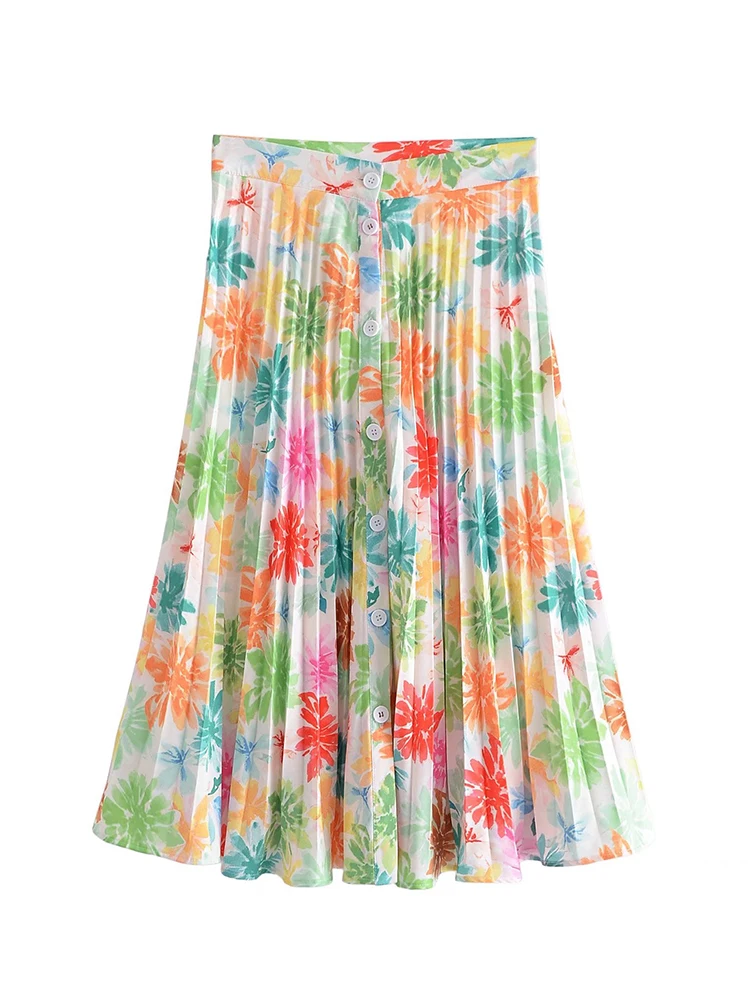 

PB&ZAWomen 2022 New Chic Fashion printing breasted Pleated umbrella Mini Skirt Vintage High Waist Female Skirts Mujer