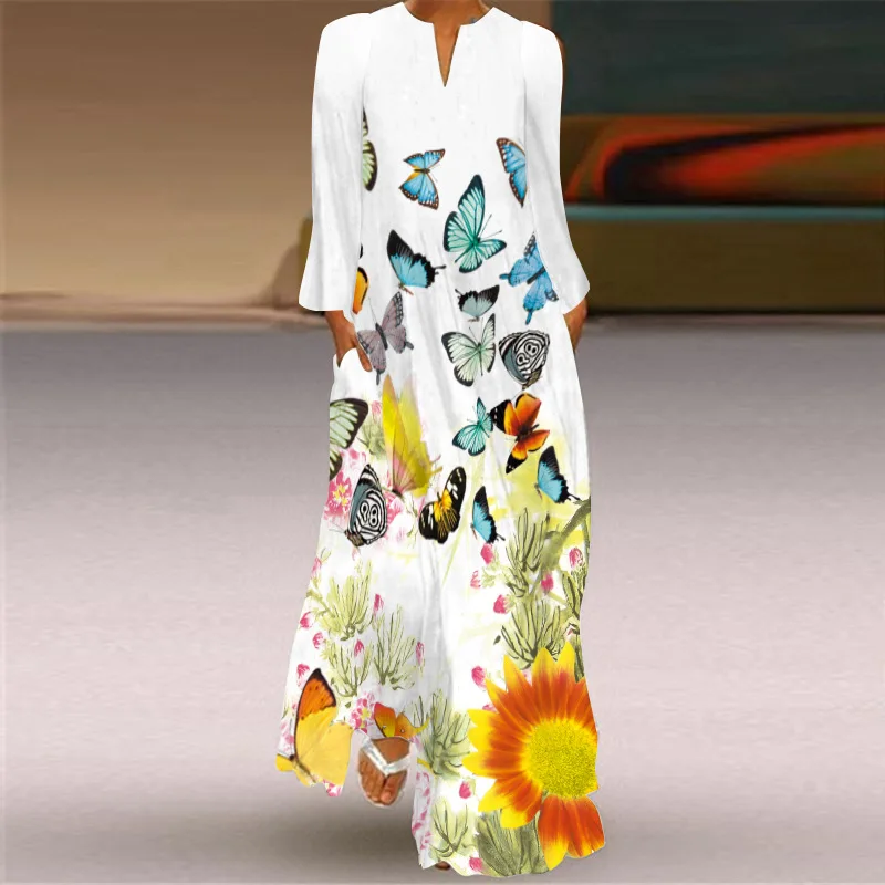 

Butterfly Print Elegant White Maxi Dress 2022 New Fashion Casual Long Sleeve Dress Women Plus Size Dresses Beach Boho Long Dress