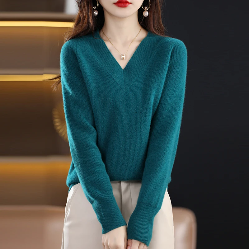 

Кашемировая Свободная рубашка с V-образным вырезом, осень и зима, темпераментный теплый Повседневный пуловер для ленивых, вязаный свитер с длинным рукавом