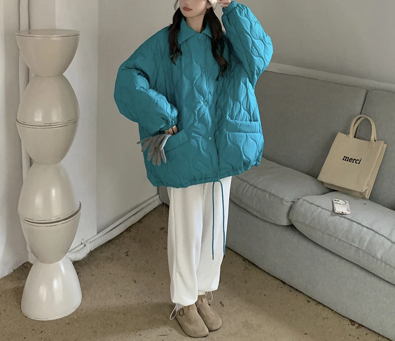 Solid Color Cotton Jacket Women 2022 Autumn Winter Long Sleeve Bread Sweet Overcoat Casual Loose Korean Women's Retro Lapel Coat