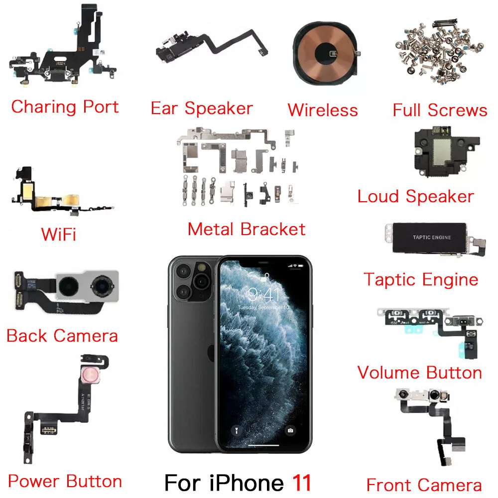 

Внутренние гибкие детали для iPhone 11, кнопка регулировки громкости фронтальной и задней камеры, динамик, гибкий кабель, кронштейн, винты, Taptic ...