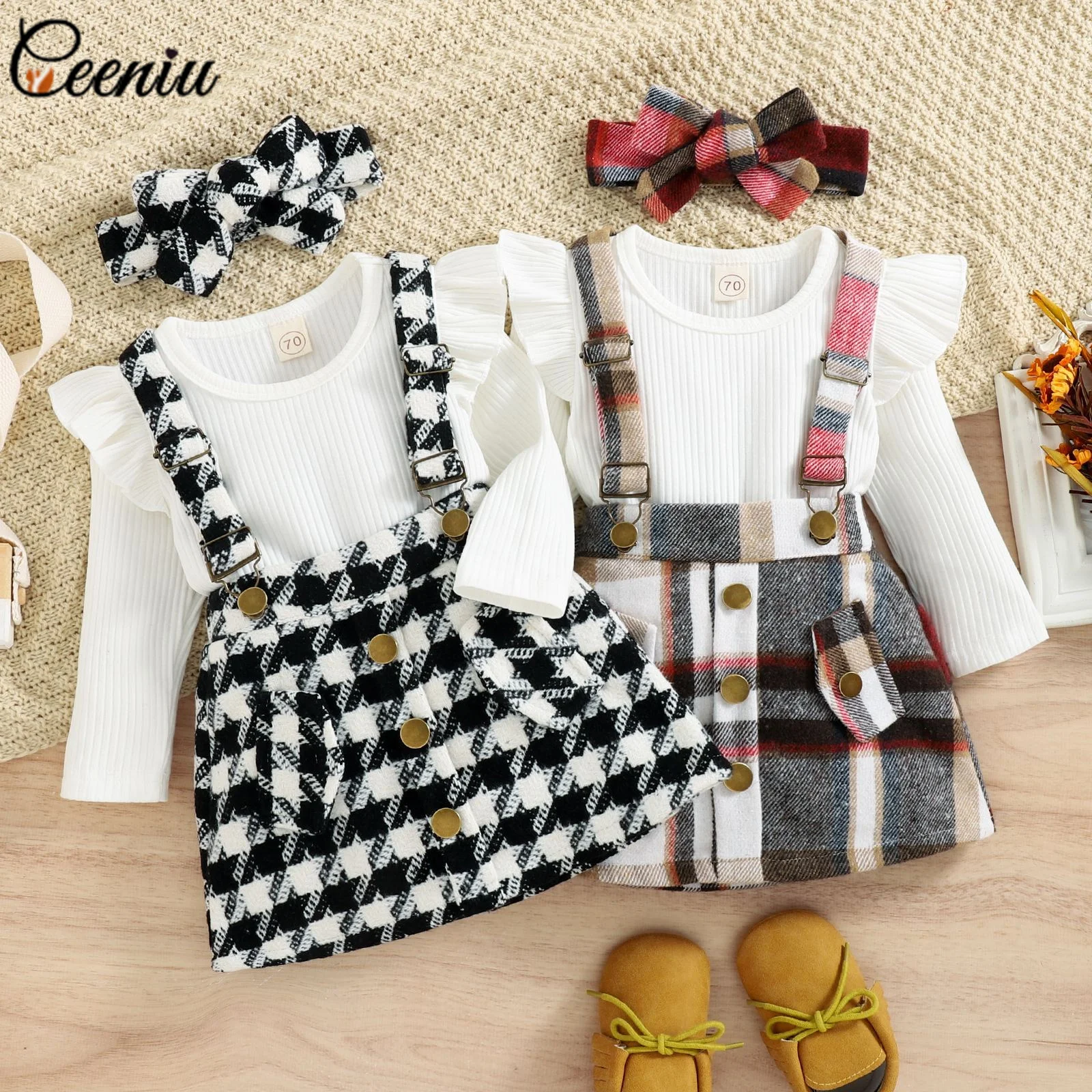 

Ceeniu 0-3Y Toddler Girls Winter Clothes Skirt Sets Long Sleeve White Ruffled Bodysuit+Button Suspender Plaid Skirt Baby Clothes