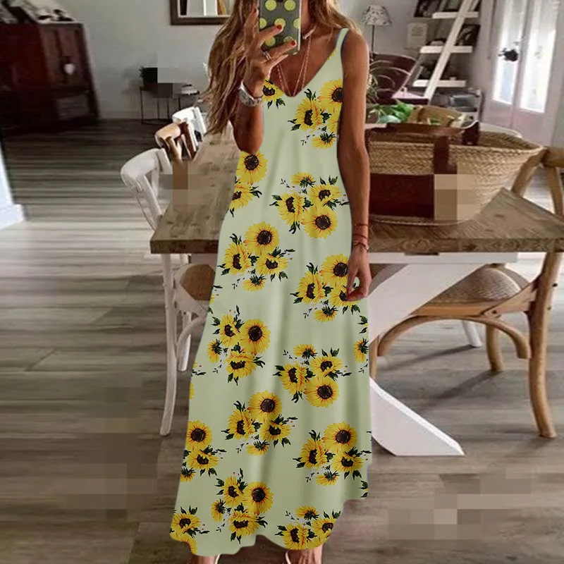 

2022 Spring/autumn European Style V-neck Sleeveless Tie-dye Printed Large-size Loose Dress Slim Skirt Flower Slip Skirt Woman