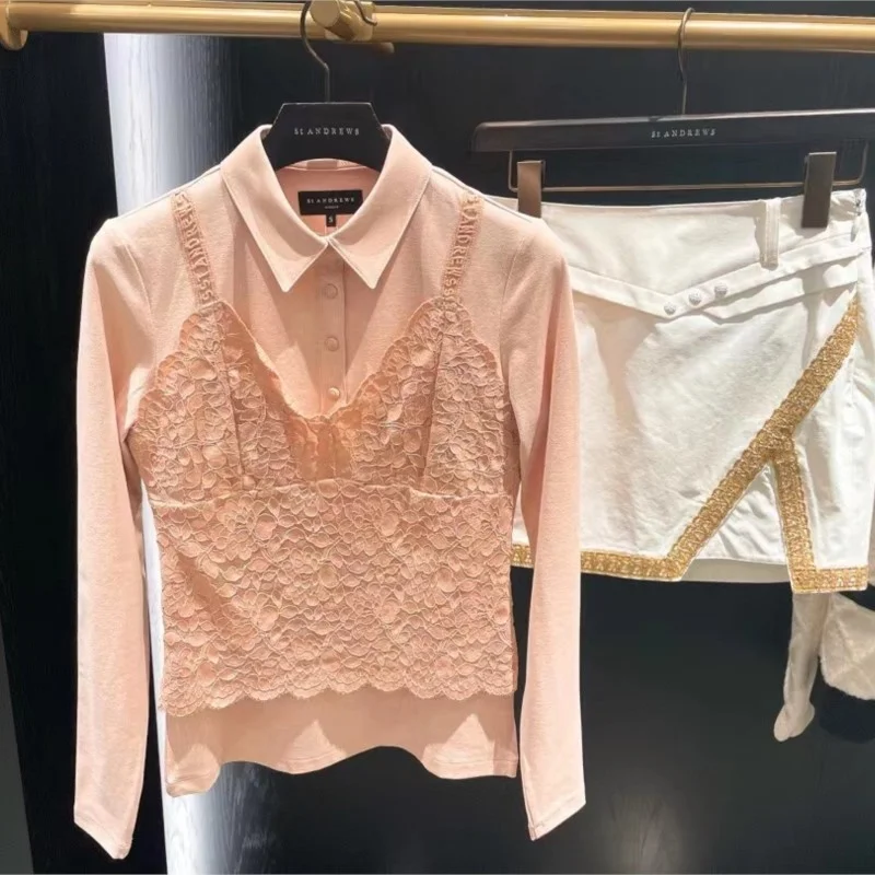 

Women's Polo Shirt Long Sleeve Tops Tee Shirt Fake Two Piece Design