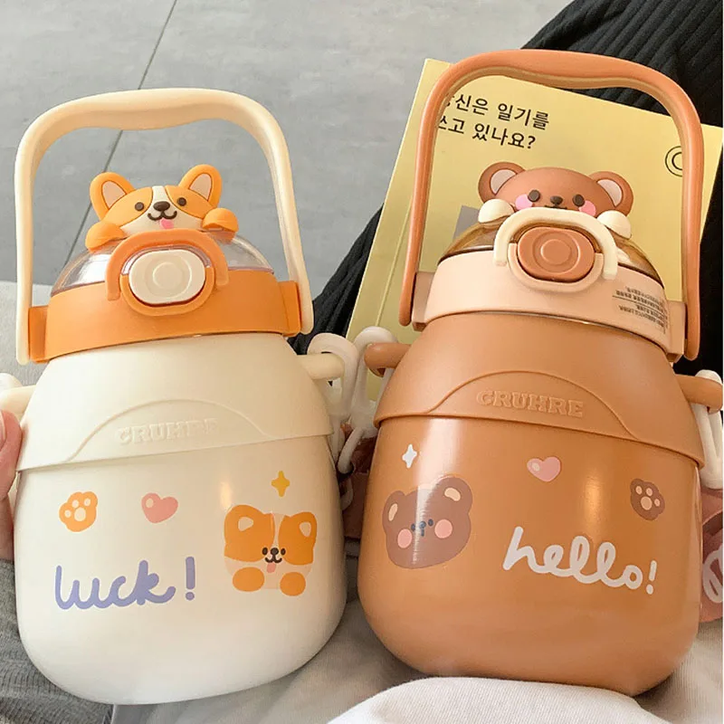 

780ml Cute Leakproof Sports WaterBottle Thermoses Kids Straw Portable Kettle Stainless Steel Vacuum Flasks Cartoon High Quality