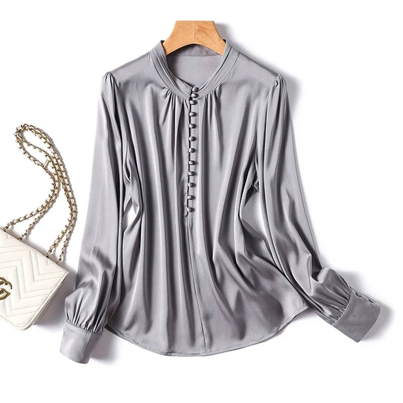 

2023 Autumn Silk Satin Office Lady Top Elegant Women Blouse Stand Collar Simple Long Sleeve Profession Shirt