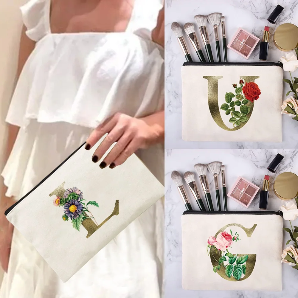 

Cosmetic Bag Wedding Makeup Bag Toiletries Storage Bag Pencil Bag Golden Flower Initials Print Organizer Bag Wallet Clutch Bag