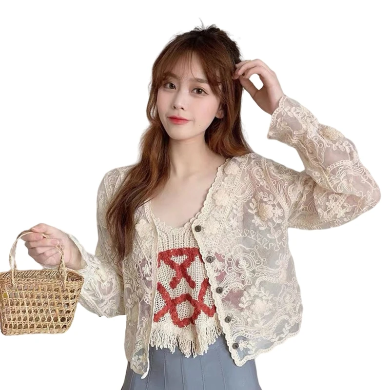 

Women Summer Long Sleeve Sun Protection Cardigan Embroidery Floral Lace Loose Blouse Shirts Hollow Out Crochet Button Down Cover
