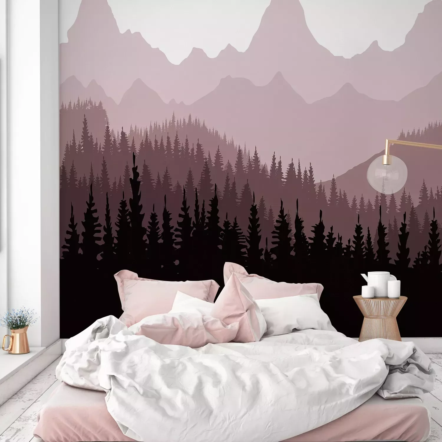 

Cartoon Warm Light Pink Mountain Wall Stickers for Baby Girls Room Living Room Nursery Home Decor Background Fabric Kids Mural