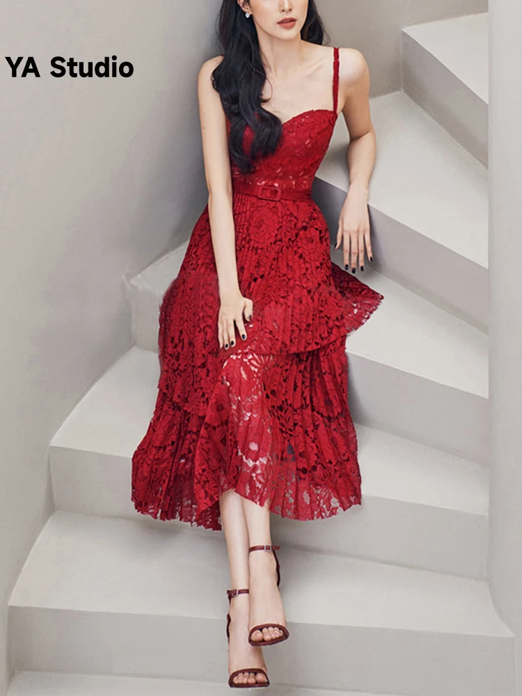 

[YA Studio] Niche Design 2023 Summer New Sexy Suspender Lace Patchwork Waistband Mid Length Dress