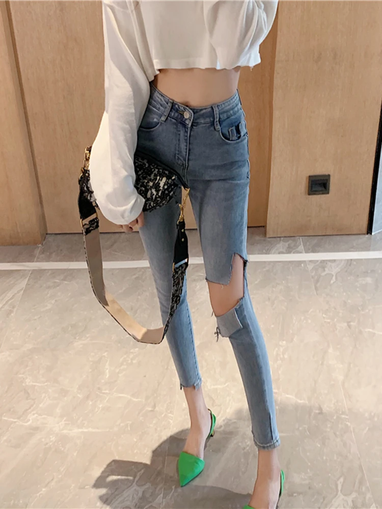 

QOERLIN Vintage High Waist Stretch Jeans Pants Women Streetwear Ripped Holes Loose Denim Jeans Zipper Ladies Trousers Stylish