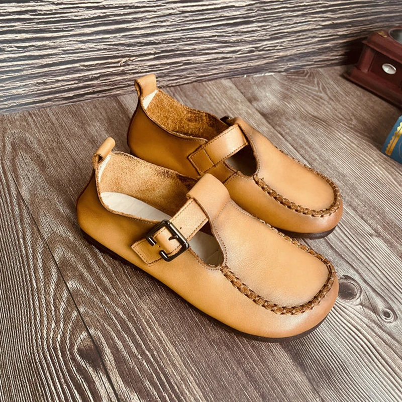 Retro Soft Artificial Leather Loafers Woman Vintage T-Strap Mary Janes Ladies Comfy Wide Toe Flat Moccasion Shoes