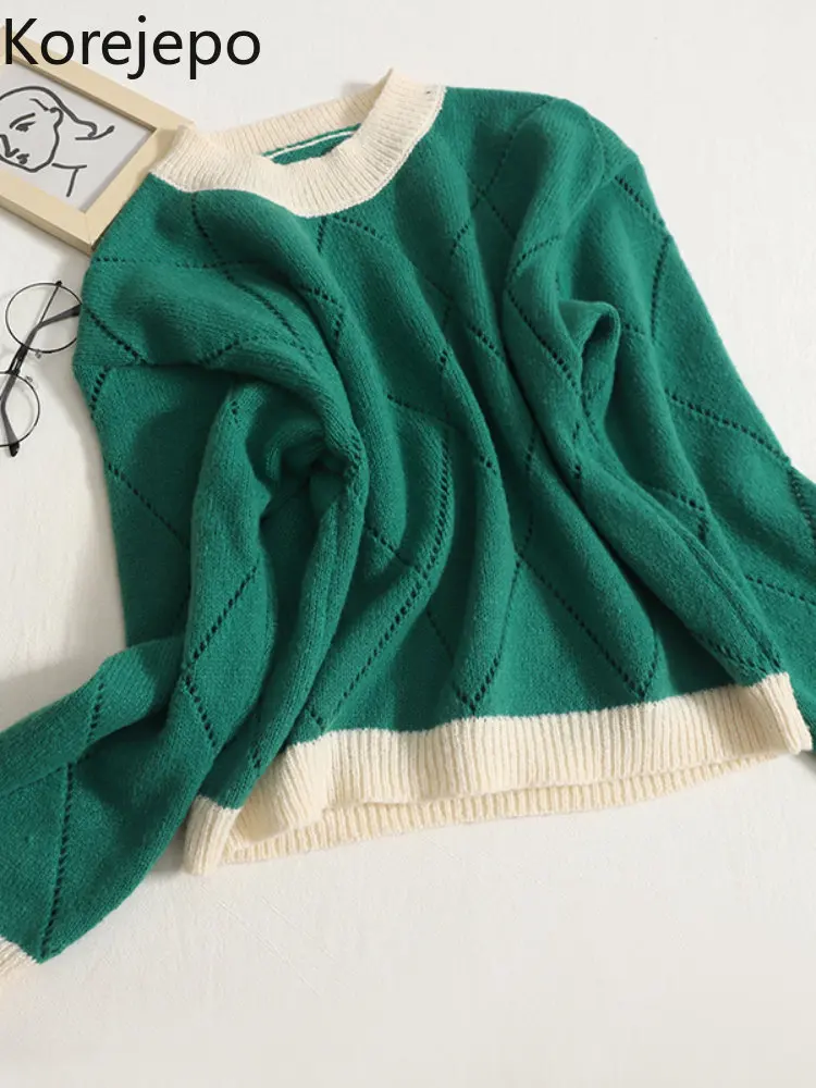 

Женский короткий свитер в стиле ретро, Свободный пуловер контрастных цветов с круглым вырезом, в французском стиле, Осень-зима 2022