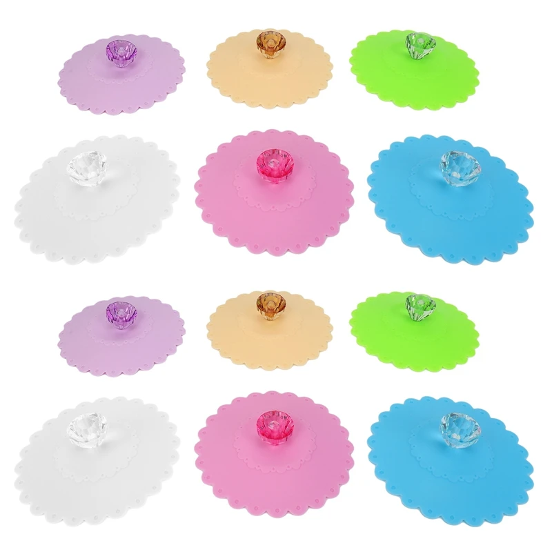 

Food Grade Creative Round Diamond Mug Cover(Set Of 12) Airtight Seal Silicone Drink Cup Lids Hot Cup Lids 6 Colors-Lace