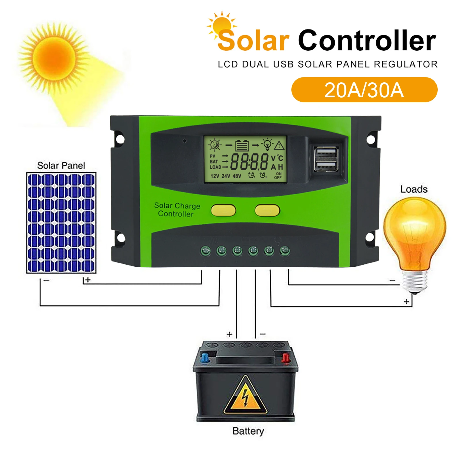 

PWM Solar Charge Controller 12V 24V 20A 30A Solar Controller Solar Panel Battery Regulator LCD Solar Panel Charger Controller