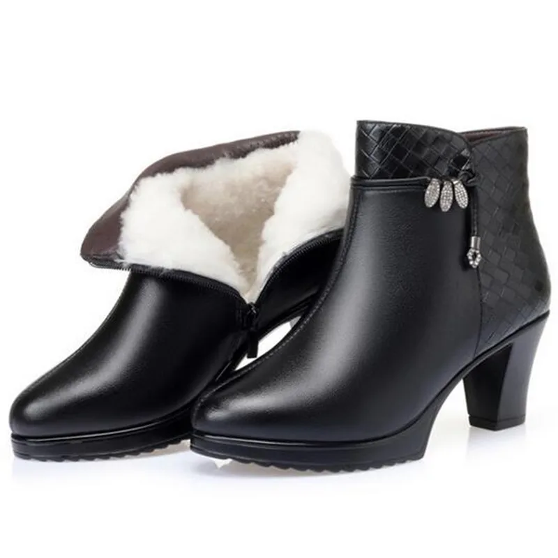 

Женские ботинки из воловьей кожи, черные ботинки на толстом высоком каблуке, теплая зимняя обувь с плюшем/шерстью, Осень-зима 2022