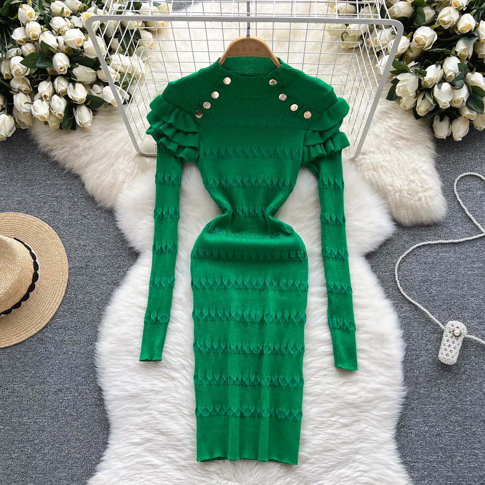 

High-quality Sexy Club Streetwear Green Black Ruffled Evening Dresses Women Vintage Buttons Party Bodycon Mid-calf Hip Dress