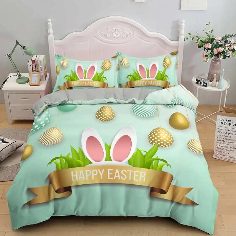 

Soft Cartoon Pastoral Rabbit Duvet Cover Set Easter Eggs Print Bedding Set For Kids Child Microfiber Single King Comforter Cover