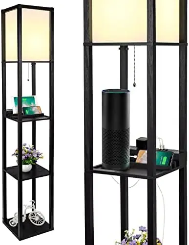 

3-in-1 Shelf Floor Lamp with 1 USB Port & 1 Type C Port & 1 Power Outlet, 3-Tiered LED Shelf Lamp, Shelf & Storage F