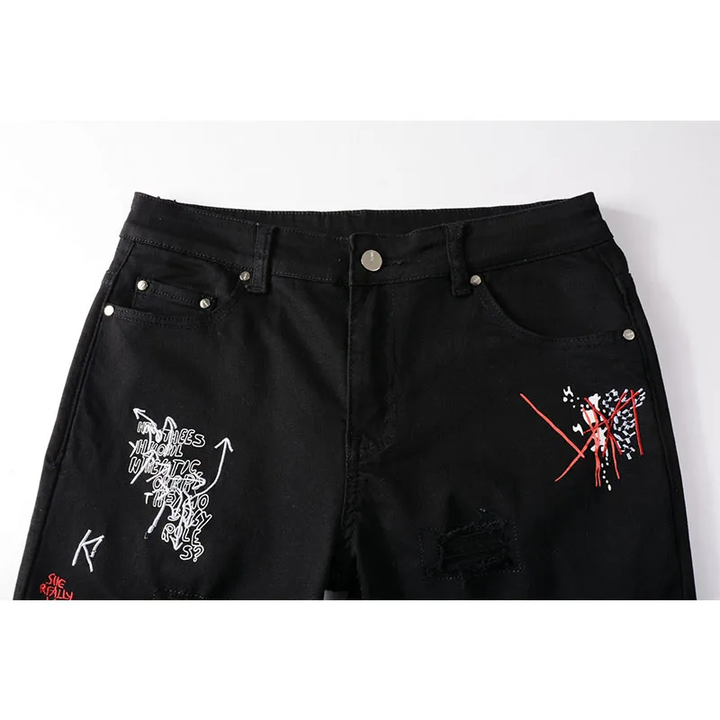 Embroidery RIpped Jeans Men Black Fashion High Street Brand Jeans Embroidery Print White Slim Personality Graffiti Jeans For Men