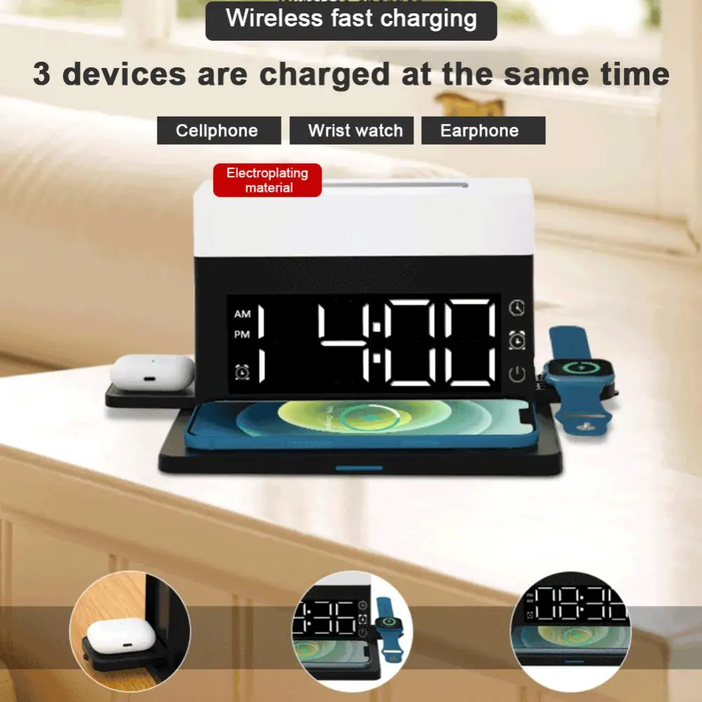 

6 In 1 Wireless Charger Alarm Clock Fast Charging With Digital LED Desk Lamp For AirPods Apple Watch 15W Phone Quick Charge